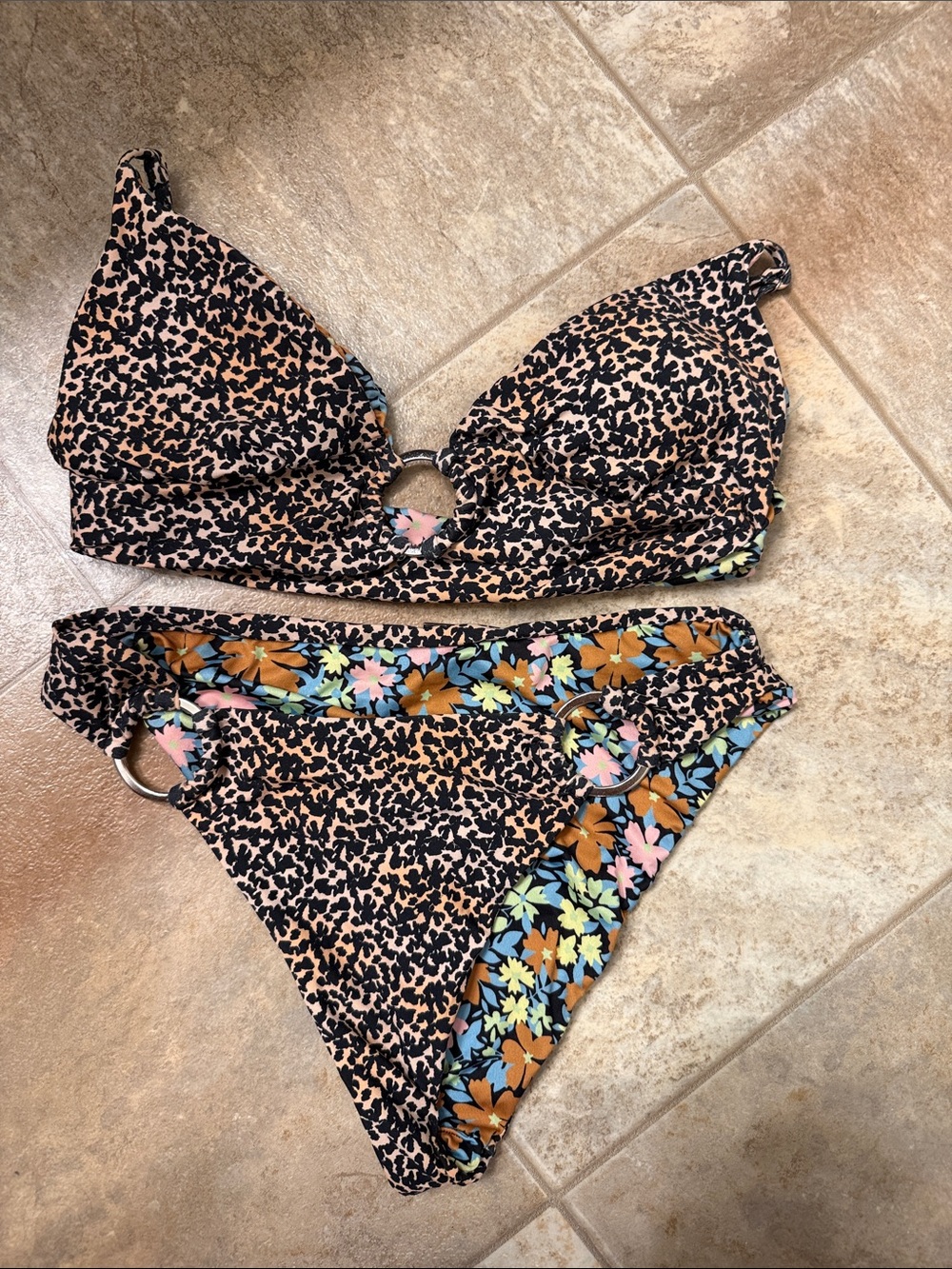 Maaji Reversible Leopard & Floral Bikini in Tan, Black, Blue, Pink